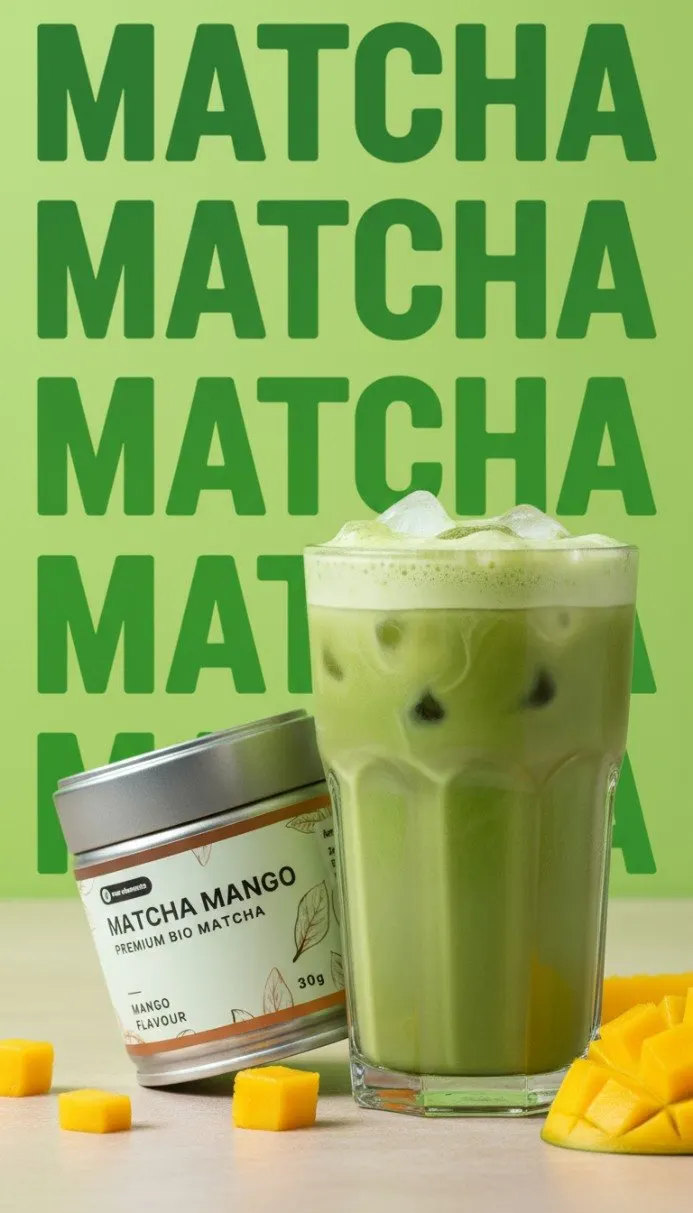 KI-Ad-Creative: Matcha Latte mit großer Typografie