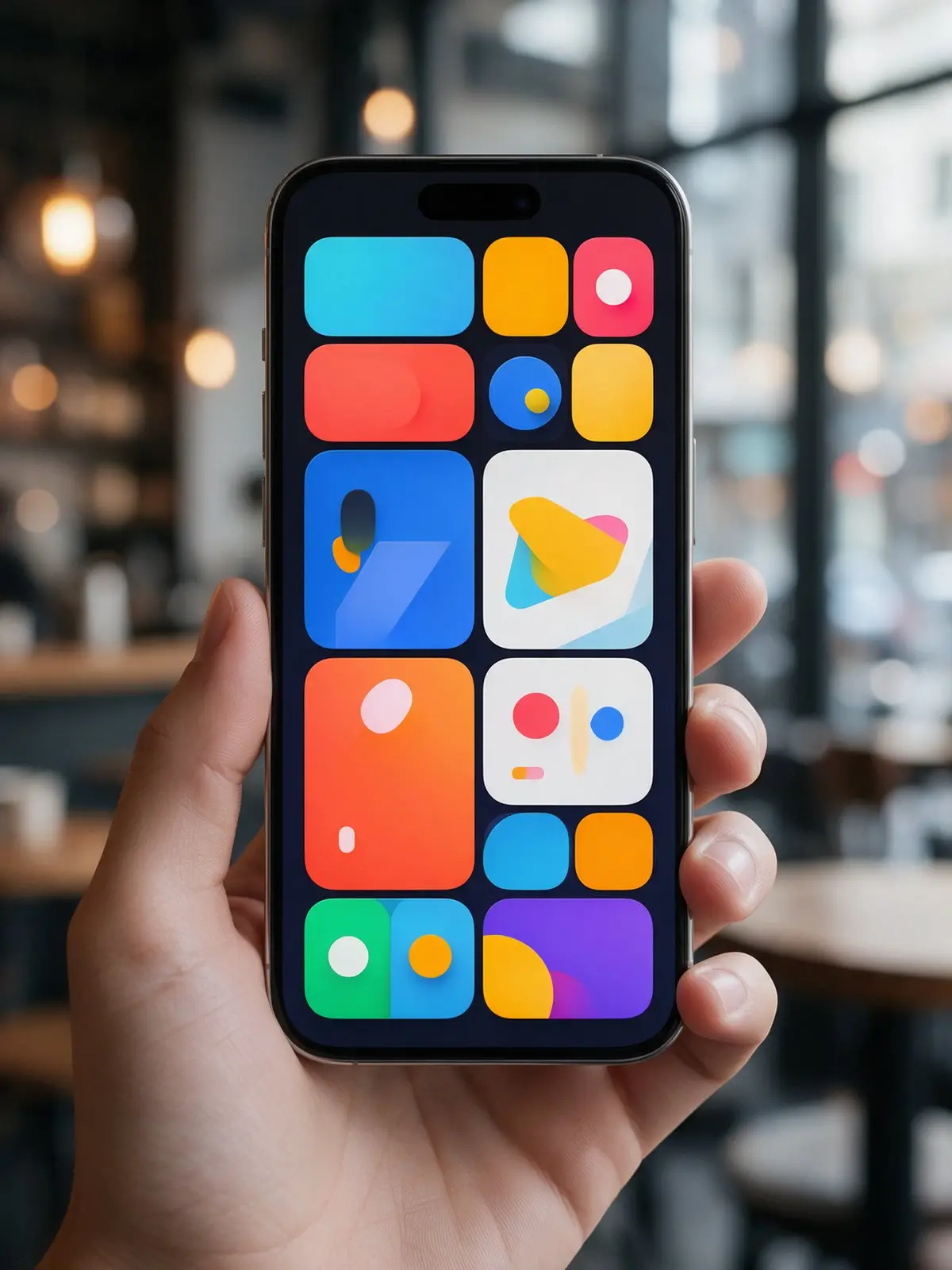 KI-Bild: Hand hält ein Smartphone mit App-Oberfläche in einem Café