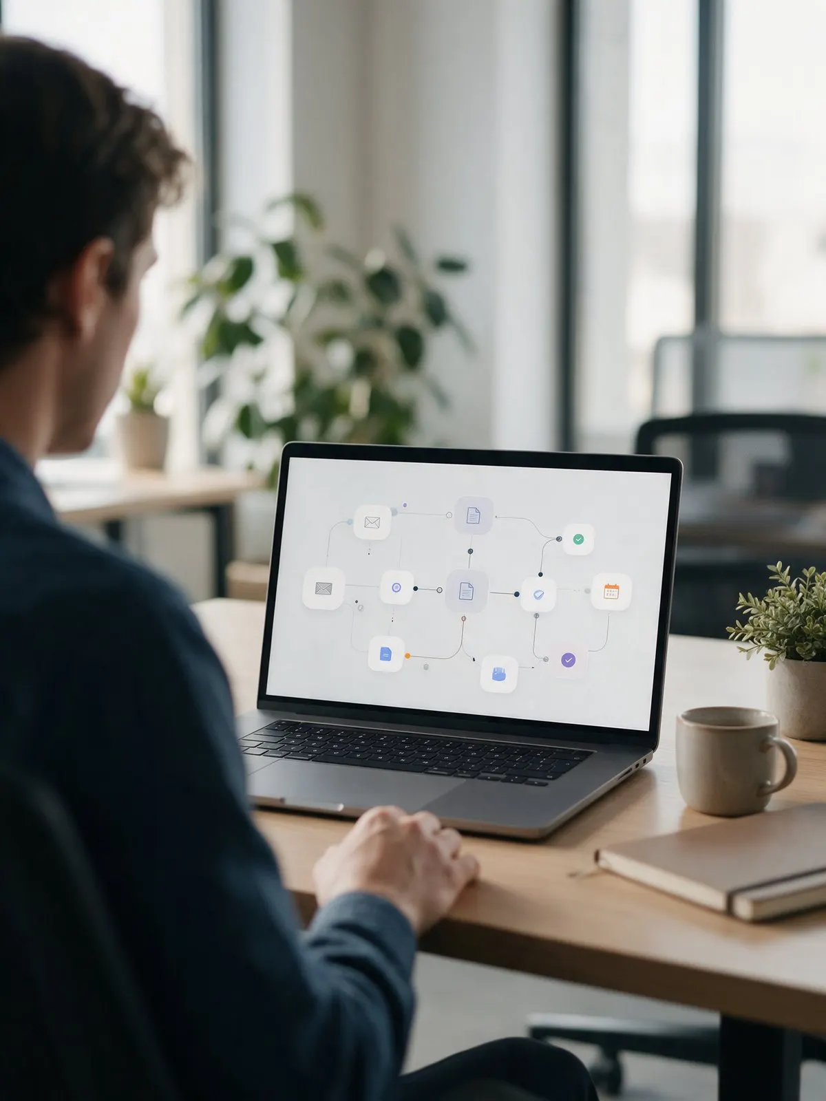 KI-Bild: automatisierter Arbeitsablauf als Workflow auf dem Laptop