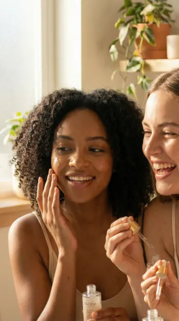 KI-Lifestyle-Foto: zwei Models testen ein Beauty-Serum