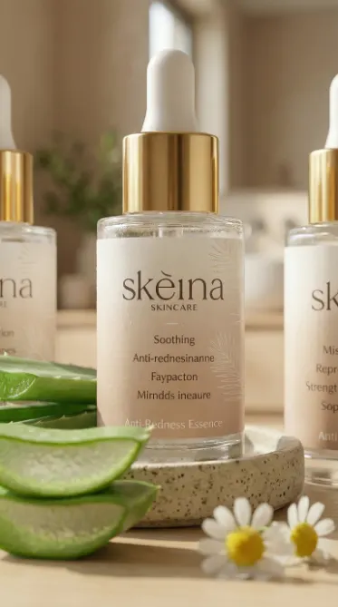 KI-Beauty-Produktfoto: Skeina Serum mit Aloe Vera auf Stein
