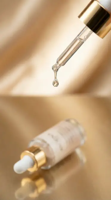 KI-Detailaufnahme: Tropfen an der Pipette eines Skeina Serums vor goldenem Hintergrund
