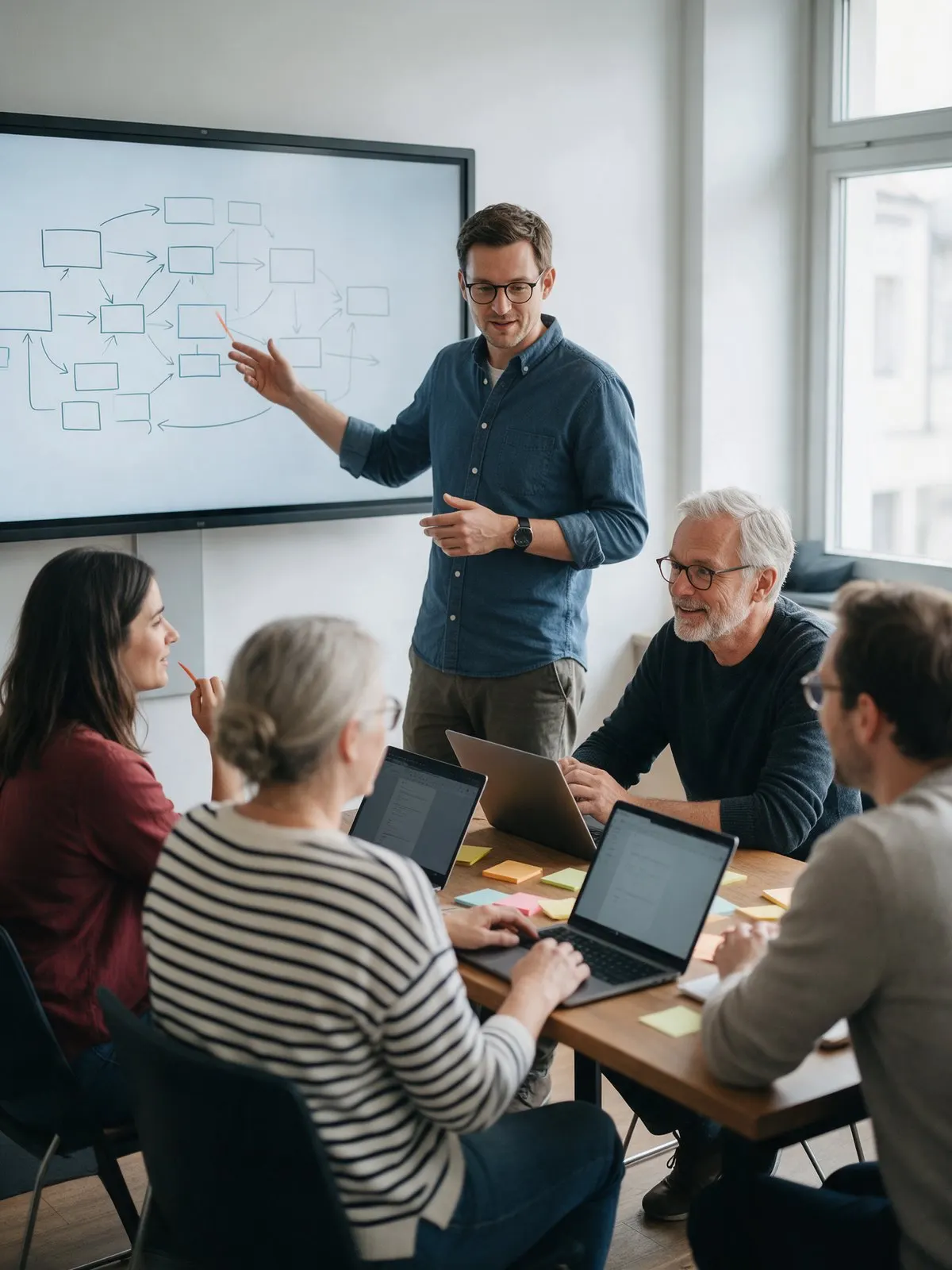 KI-Bild: KI-Workshop – Berater erklärt einem Team einen Prozess am Bildschirm