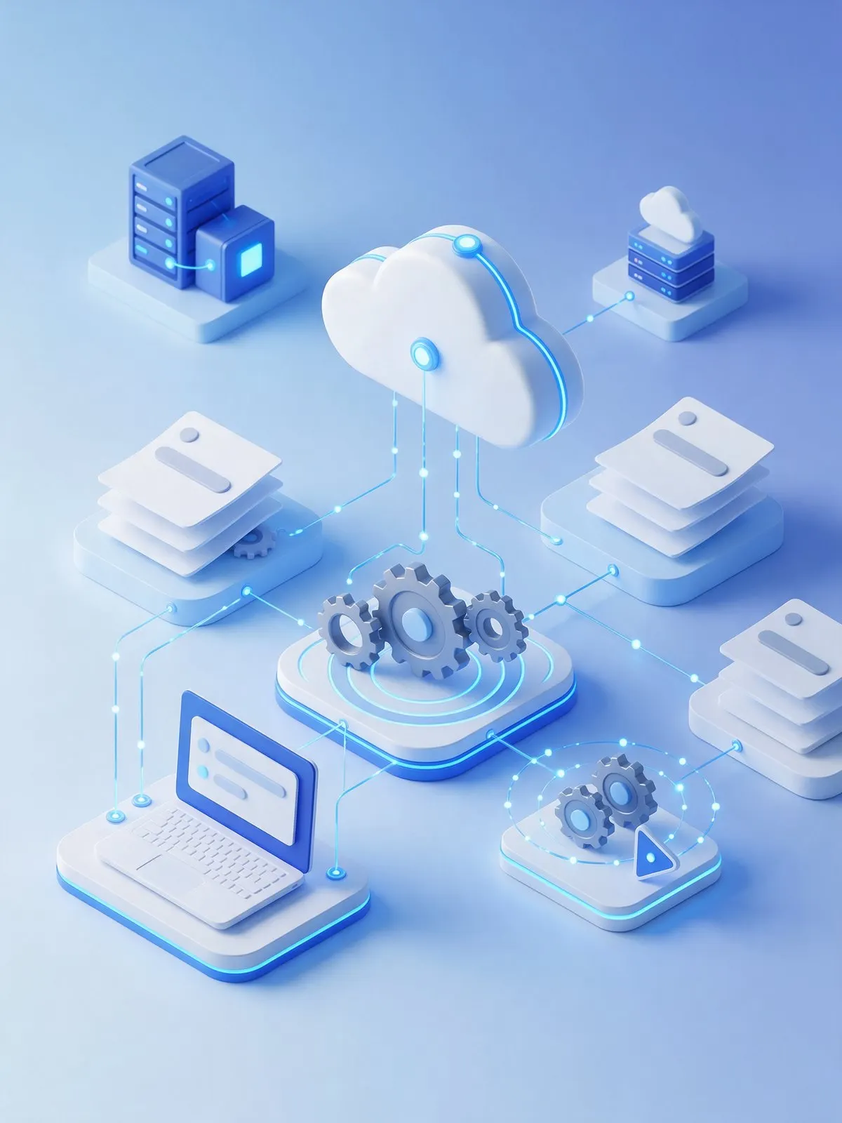 KI-Bild im Stil eines Erklärvideos: isometrische Grafik eines automatisierten Software-Workflows