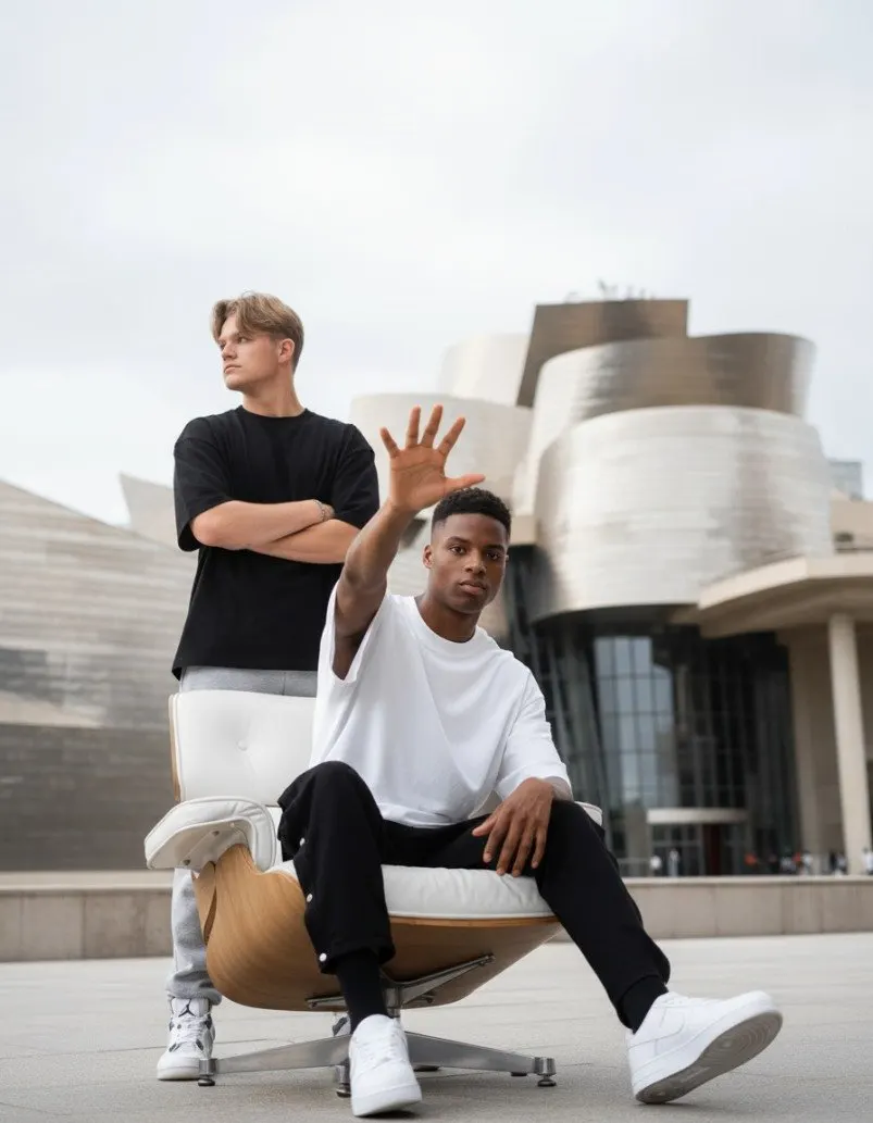 KI-Fashion-Kampagne: zwei Models vor moderner Architektur