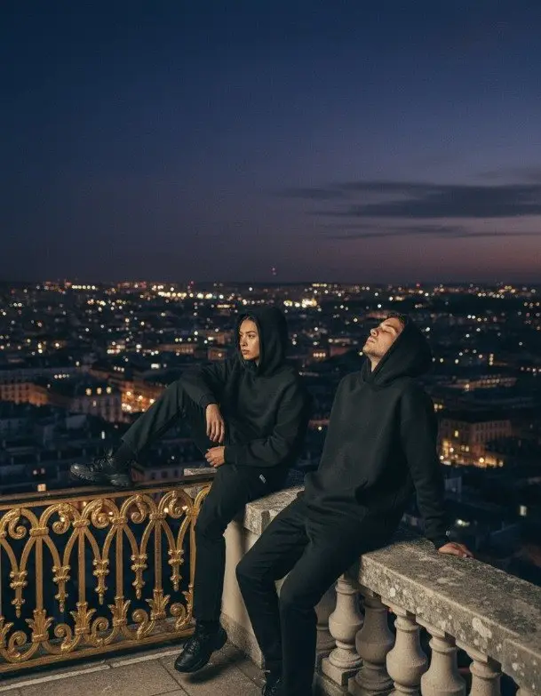 KI-Fashion-Kampagne: zwei Models nachts über der Stadt