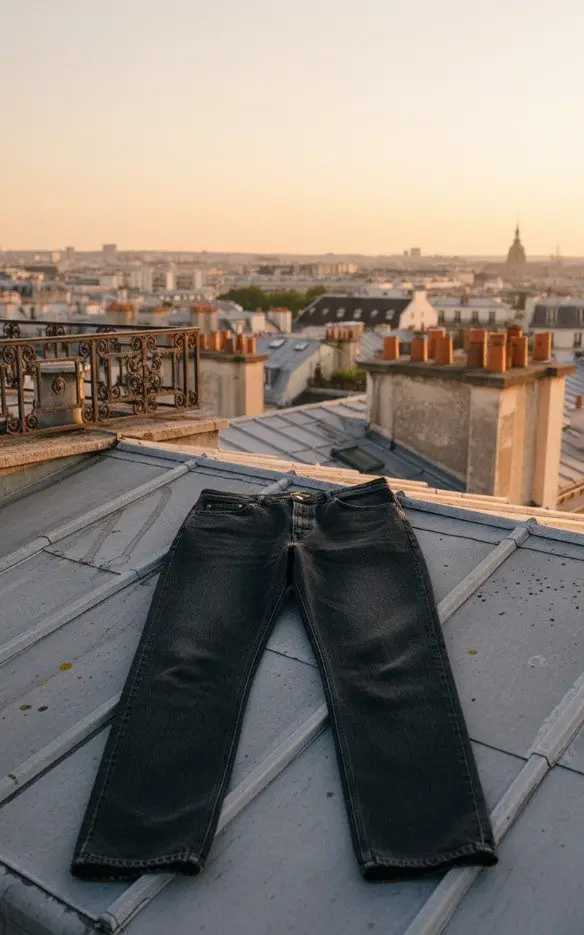 KI-Fashion-Produktfoto: Jeans auf einem Pariser Dach