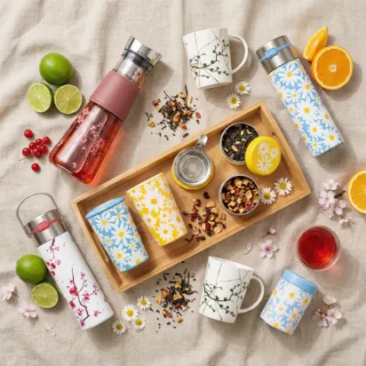KI-Flatlay: Teeflaschen, Tassen und Zutaten von oben fotografiert