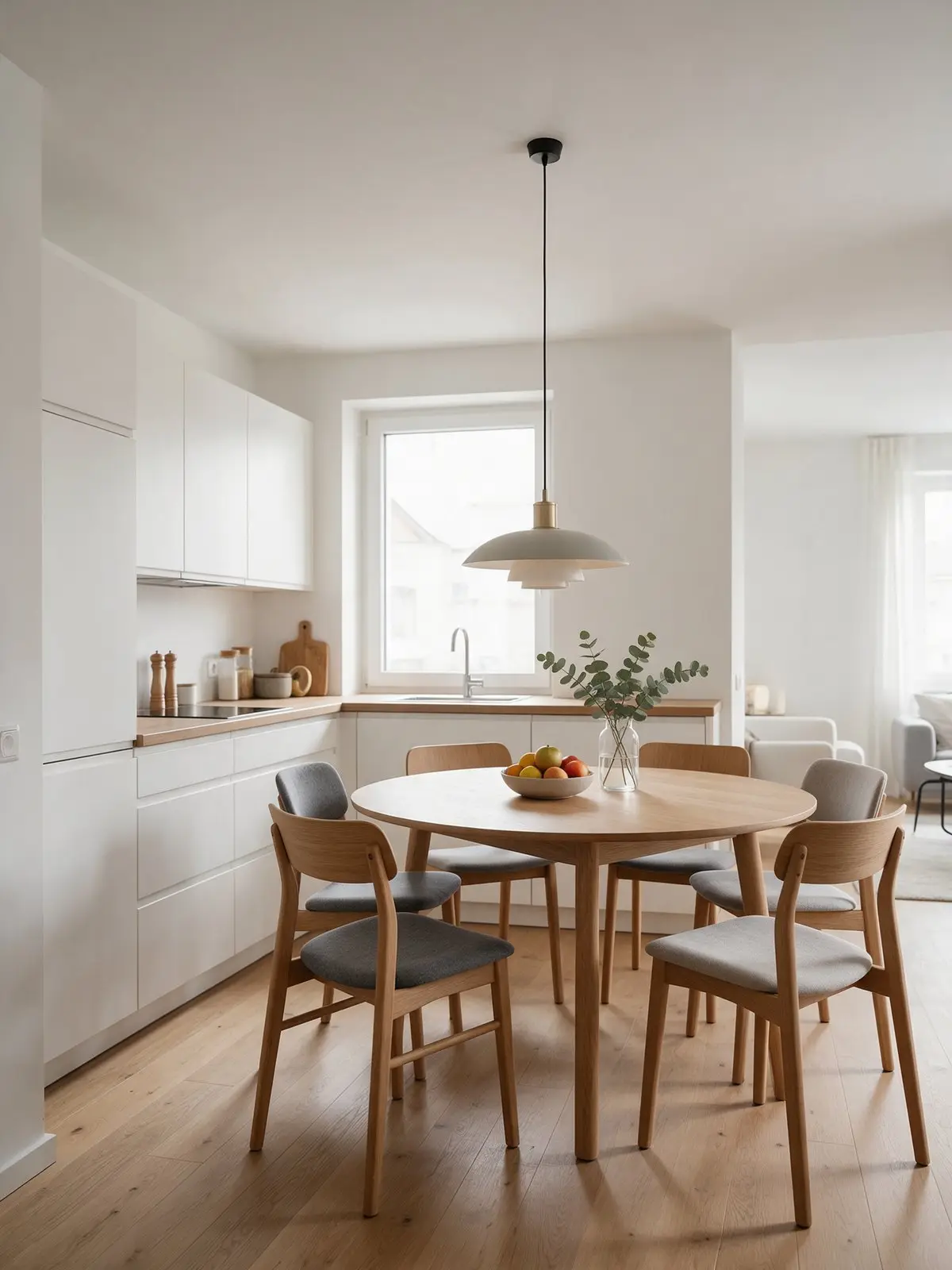 KI-Home-Staging: offene Küche mit Essbereich, virtuell eingerichtet