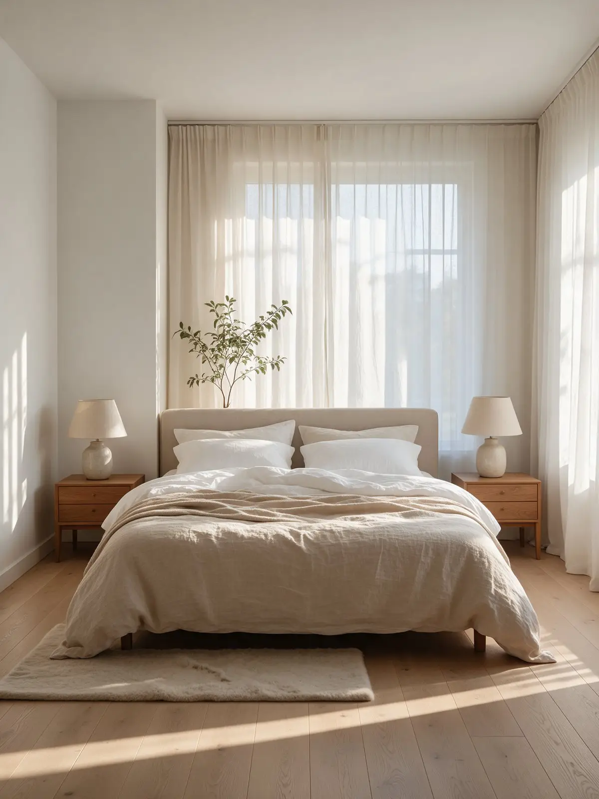 KI-Home-Staging: virtuell eingerichtetes Schlafzimmer in hellen Naturtönen