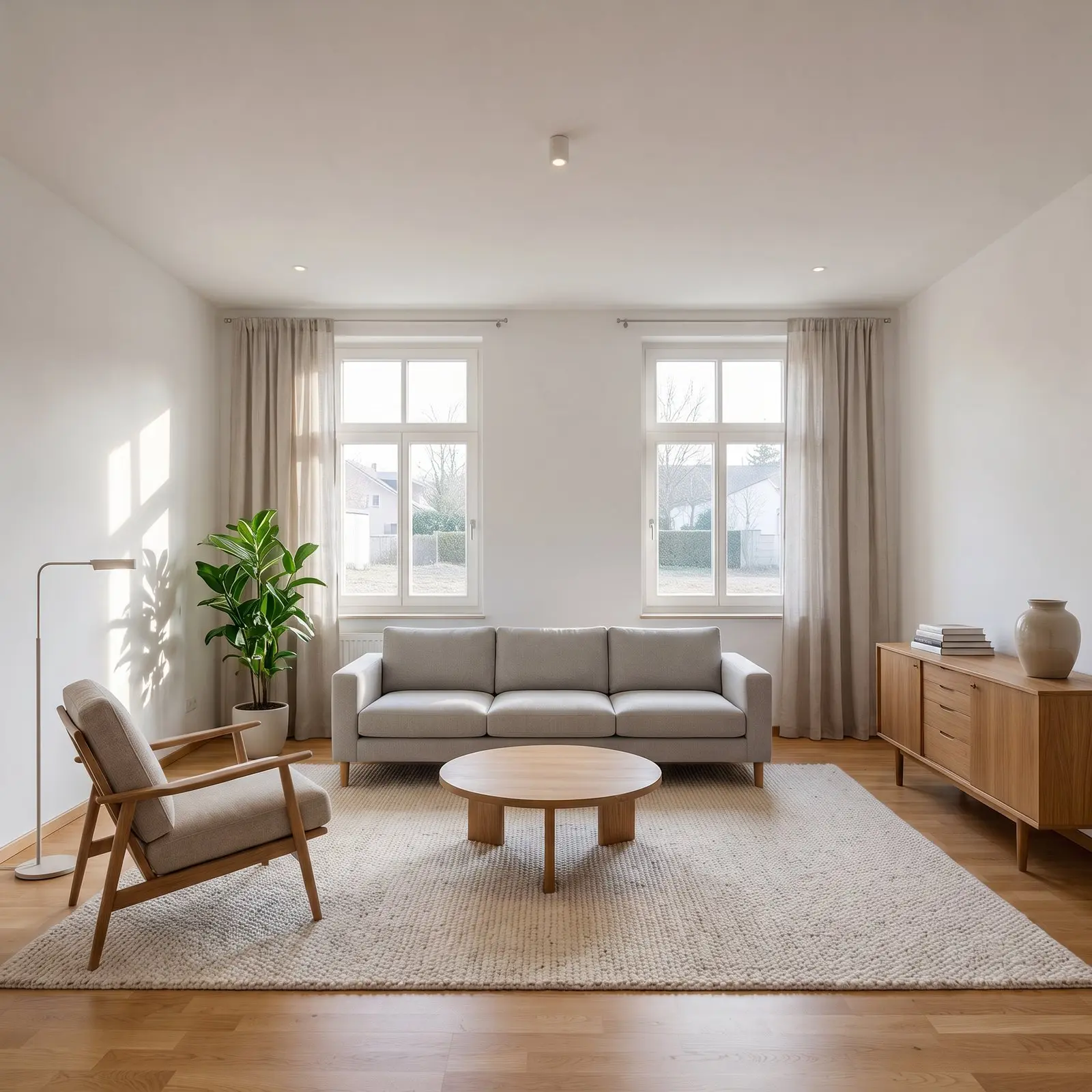 Nachher: derselbe Raum virtuell eingerichtet mit Sofa, Sessel, Couchtisch, Teppich und Pflanzen