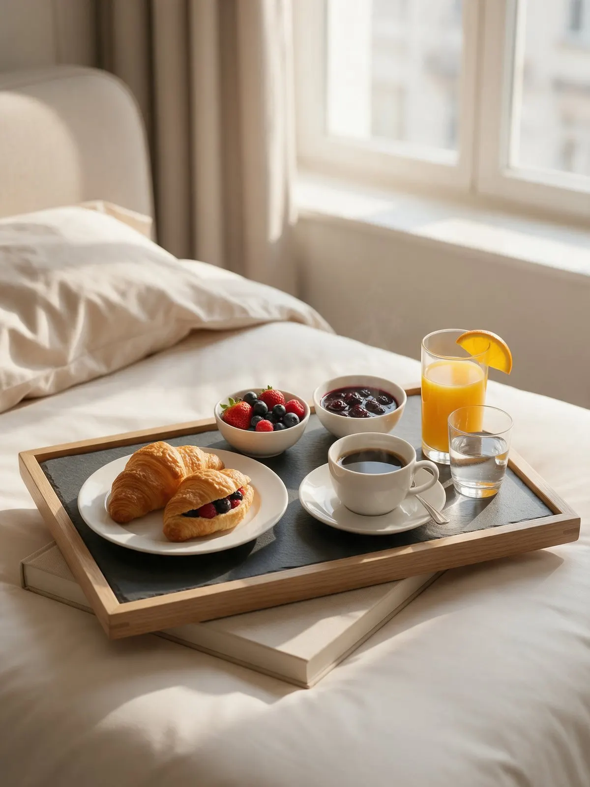 KI-Bild: Frühstückstablett mit Croissants und Kaffee auf einem Hotelbett
