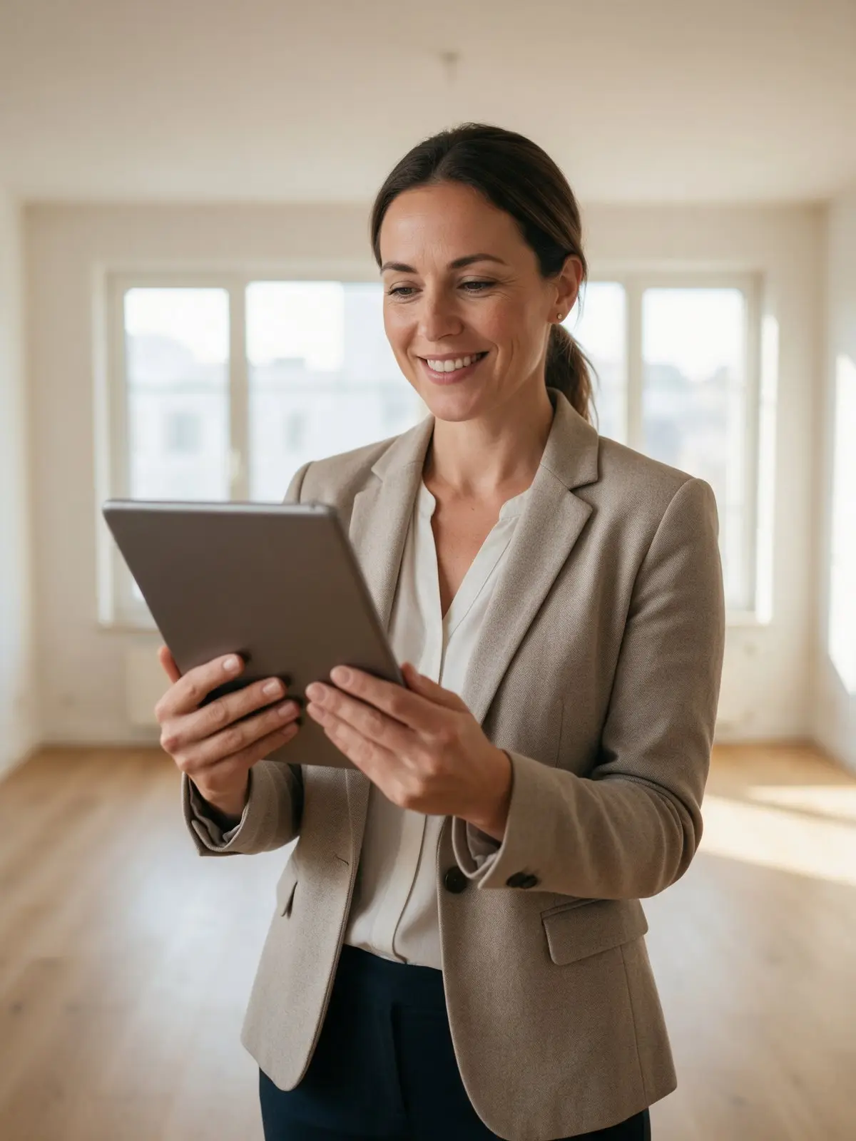 KI-Bild: Immobilienmaklerin mit Tablet bei einer Wohnungsbesichtigung