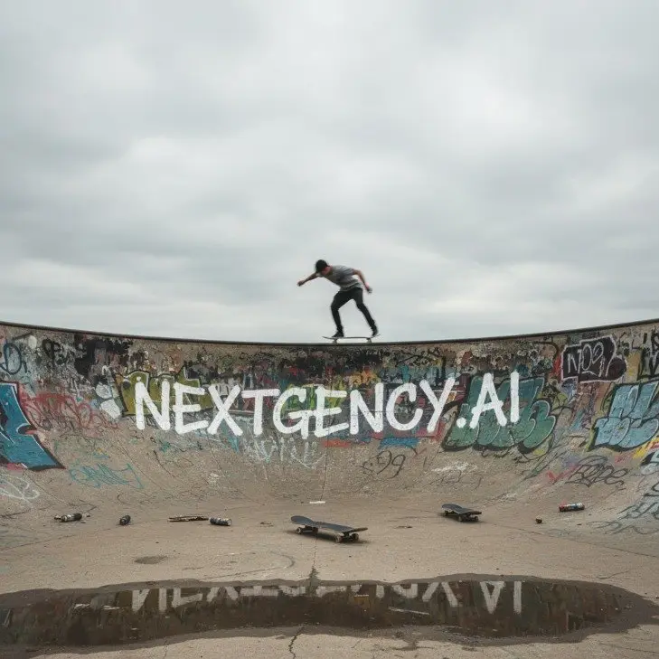 KI-Kampagnenbild: Skater über Schriftzug im Skatepark