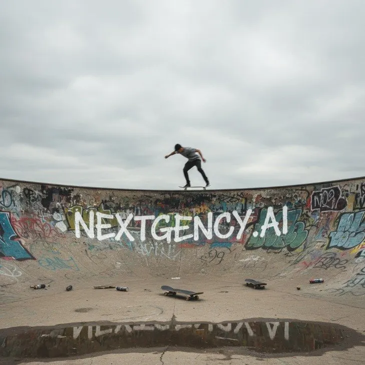 KI-Kampagnenbild: Skater über Schriftzug im Skatepark