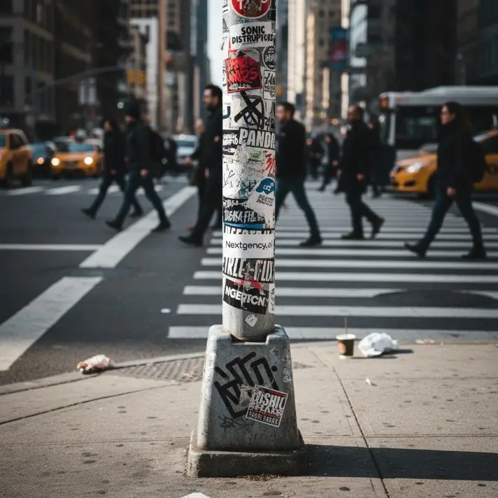 KI-Kampagnenbild: Sticker-Säule an einer Kreuzung in New York