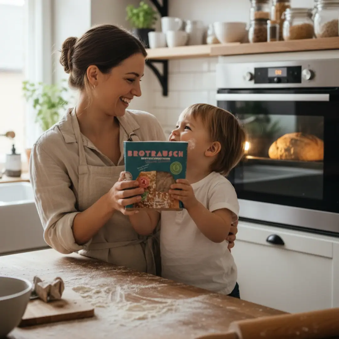 KI-Lifestyle-Foto: Mutter und Kind beim Backen mit Produktverpackung