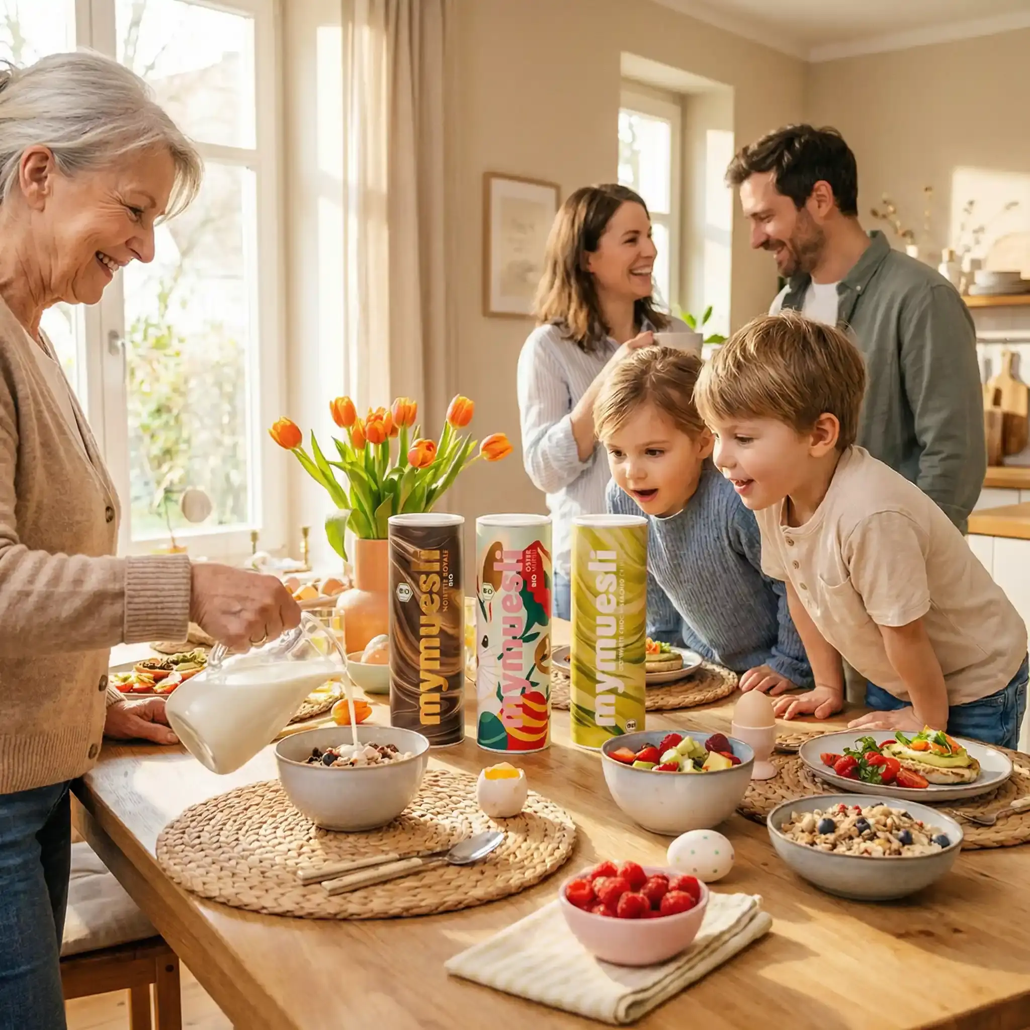 KI-Lifestyle-Foto: Familie beim Frühstück mit Müsli-Dosen