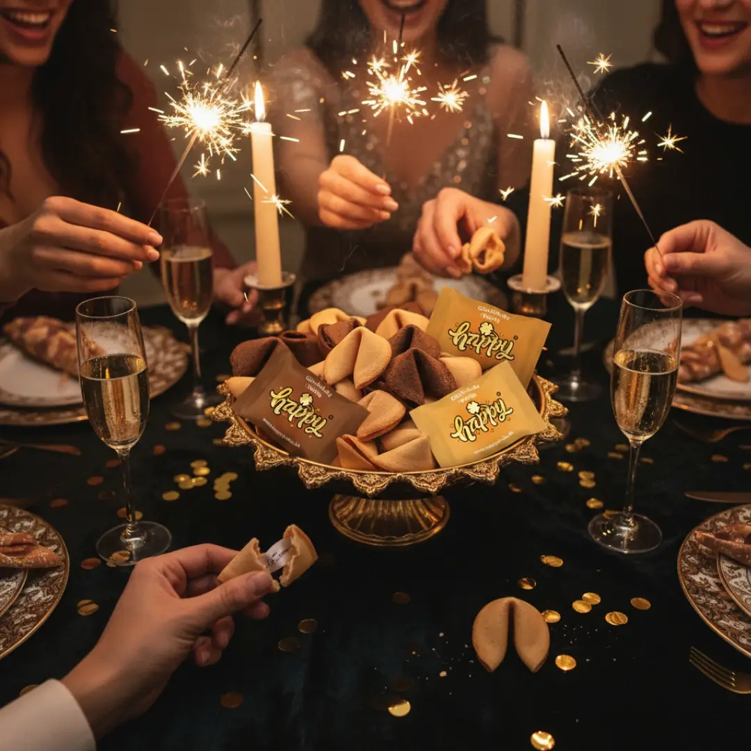 KI-Lifestyle-Foto: Silvesterfeier mit Wunderkerzen und Glückskeksen