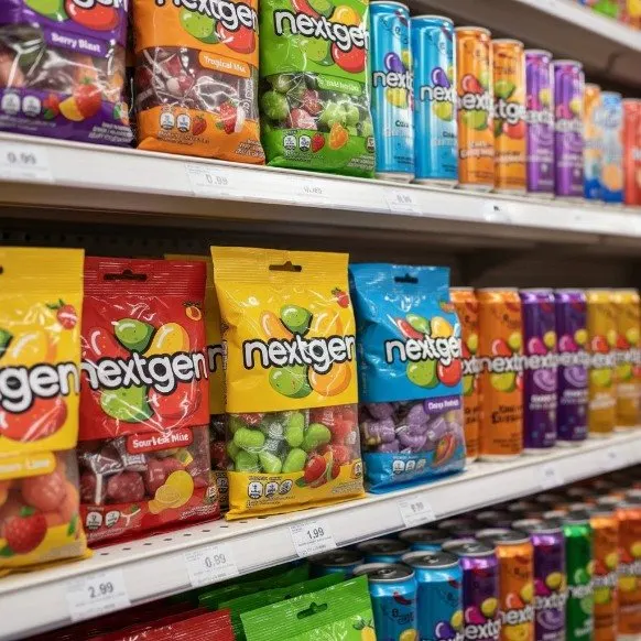 KI-Mockup: Produktrange im Supermarktregal