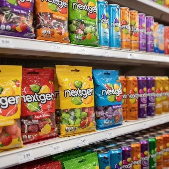KI-Mockup: Produktrange im Supermarktregal