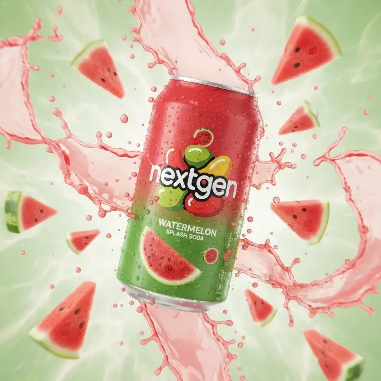 KI-Produktbild: Getränkedose mit Wassermelonen-Splash