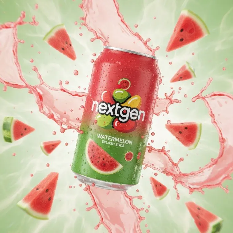 KI-Produktbild: Getränkedose mit Wassermelonen-Splash