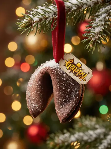 KI-Produktbild: Happy Keks Glückskeks als Christbaumanhänger in weihnachtlicher Szene