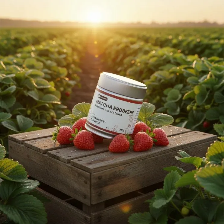 KI-Produktbild: Matcha-Erdbeere Dose im Erdbeerfeld bei Sonnenuntergang