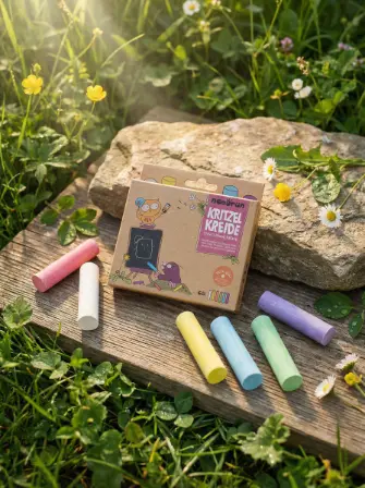 KI-Produktfoto: Straßenkreide-Set auf Stein im Garten