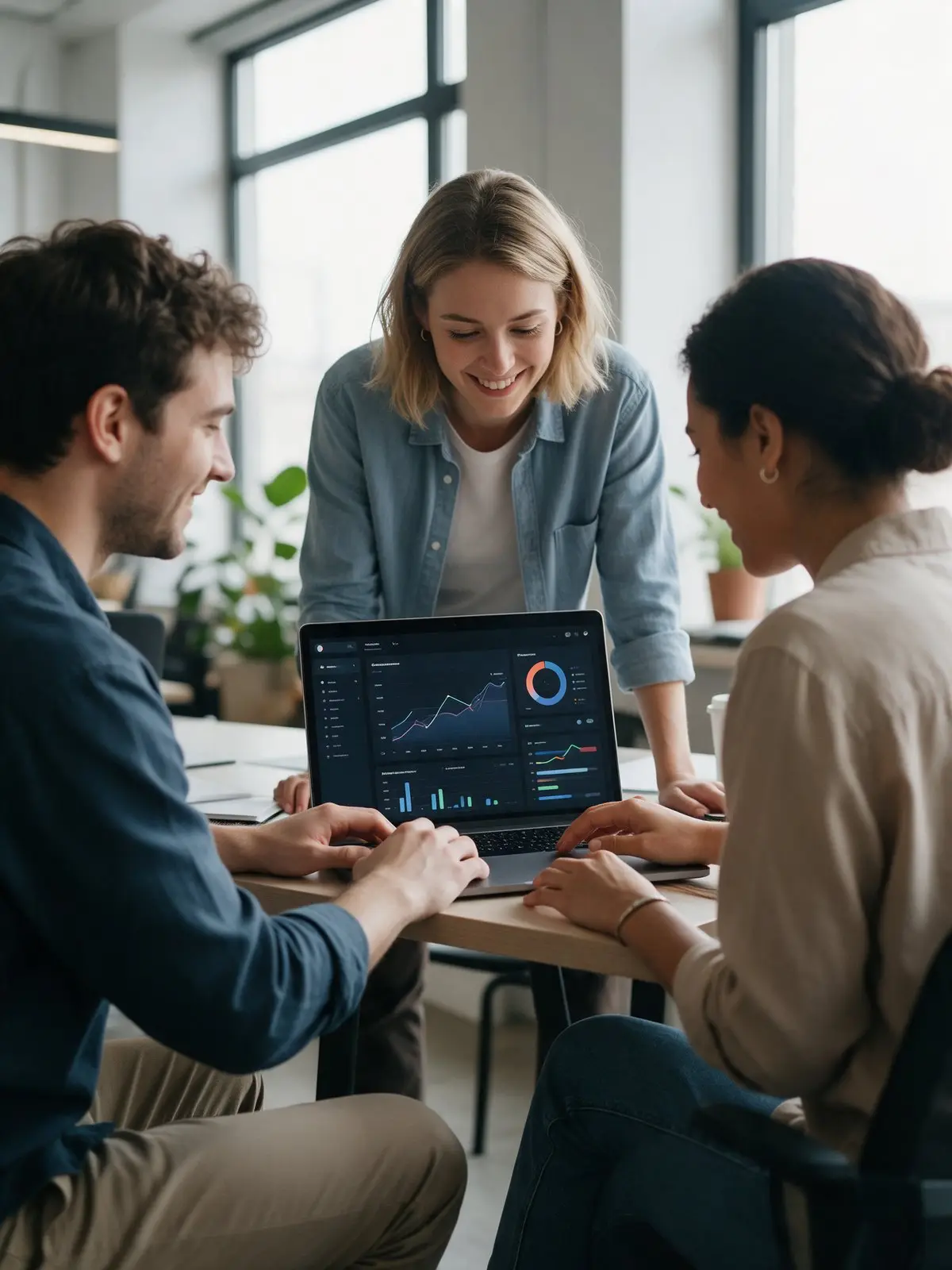 KI-Bild: Startup-Team bespricht Kennzahlen an einem Laptop-Dashboard