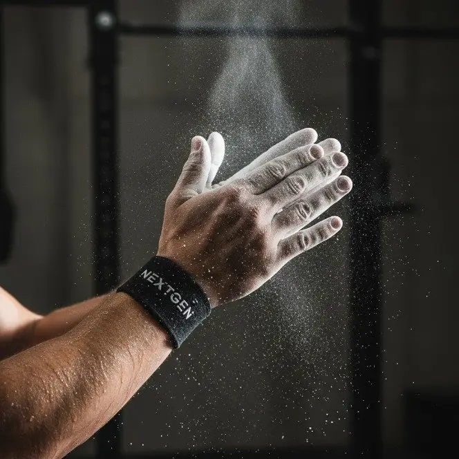 KI-Werbebild: Hände mit Magnesia und Fitness-Armband