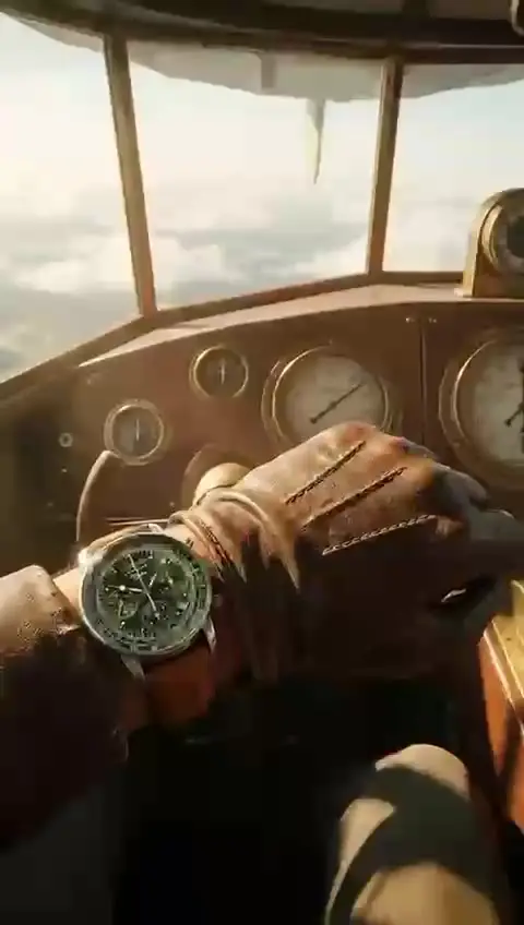 Standbild aus dem KI-Produktvideo: Zeppelin-Uhr am Handgelenk im historischen Cockpit